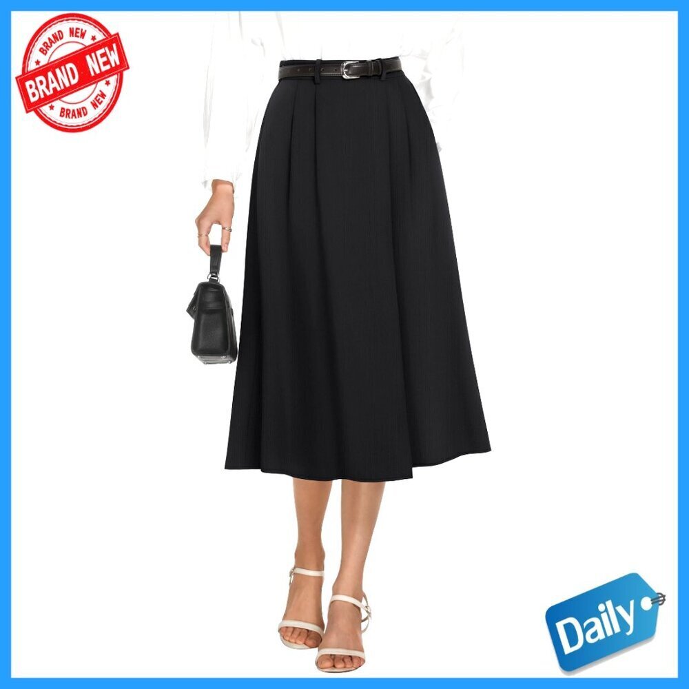 High Waisted Midi Skirt A-Line Pleated Flare Work Skirt with Pockets